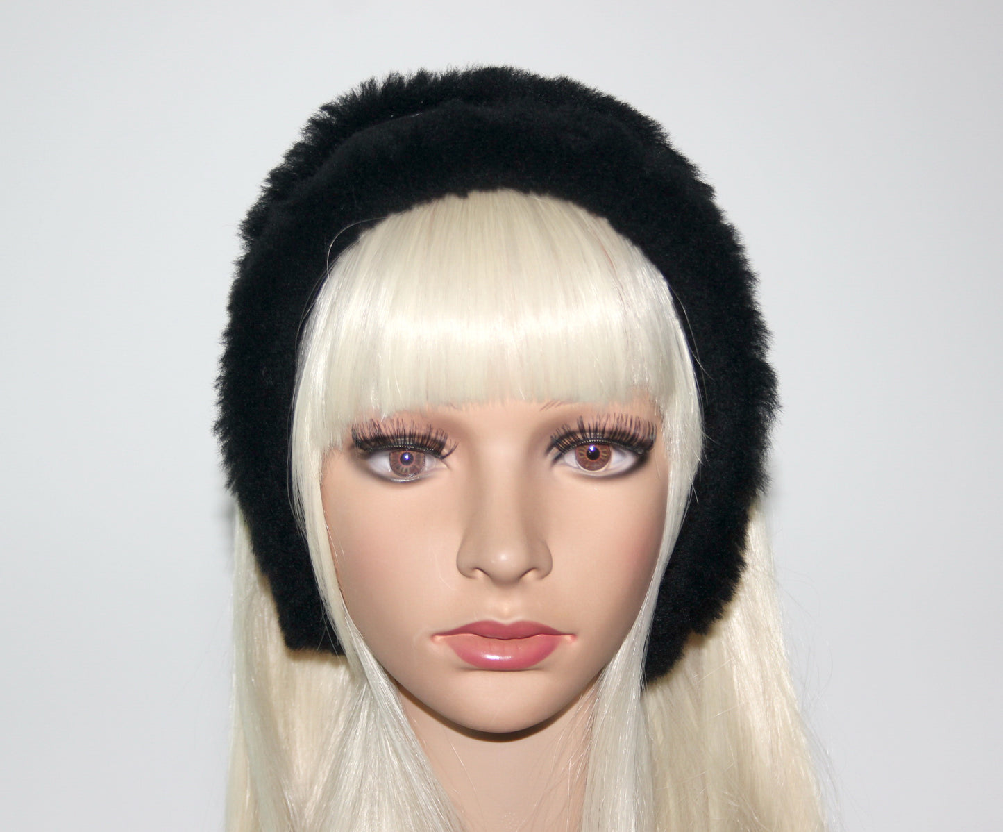 Real fur earmuff Black sheepskin suede headband Skiing headphones Running ear warmers for women