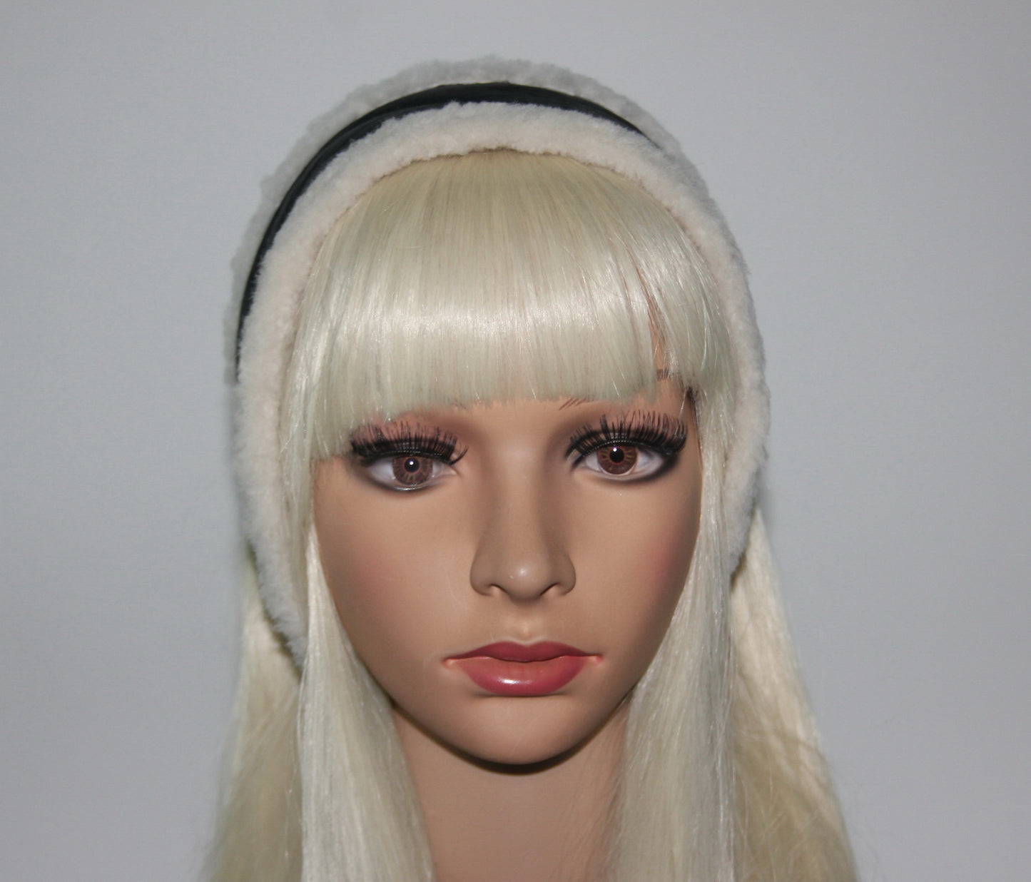 Real fur earmuff Black & Ivory lambskin leather headband Skiing headphones Running ear warmers for women