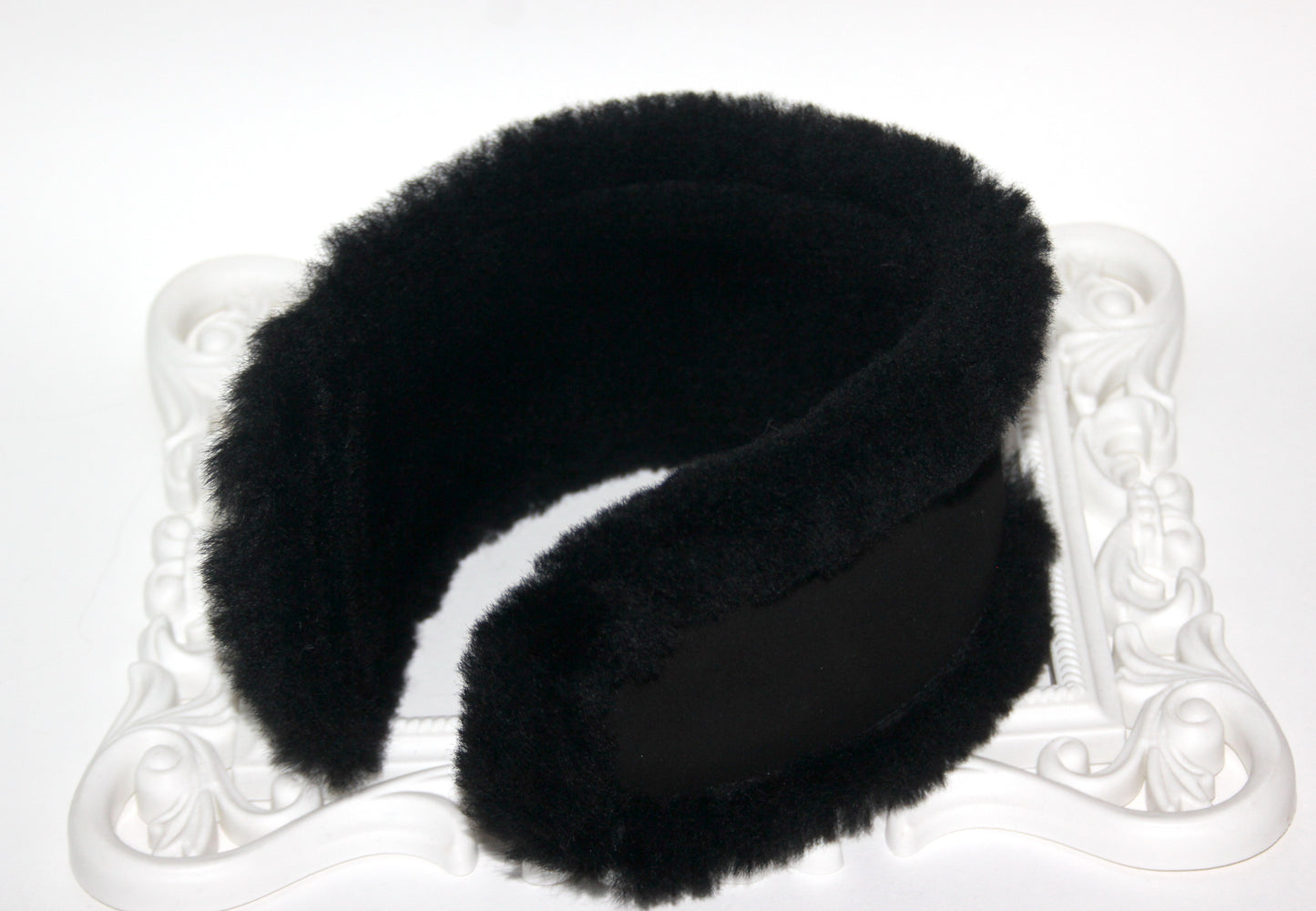 Real fur earmuff Black sheepskin suede headband Skiing headphones Running ear warmers for women