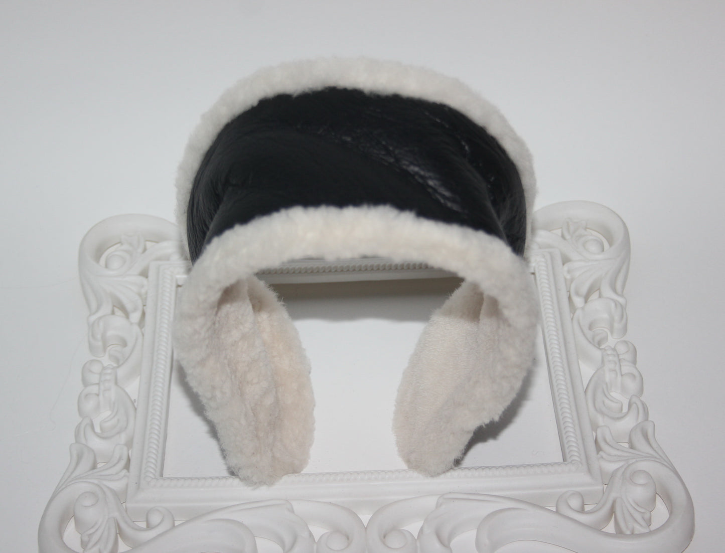 Real fur earmuff Black & Ivory lambskin leather headband Skiing headphones Running ear warmers for women