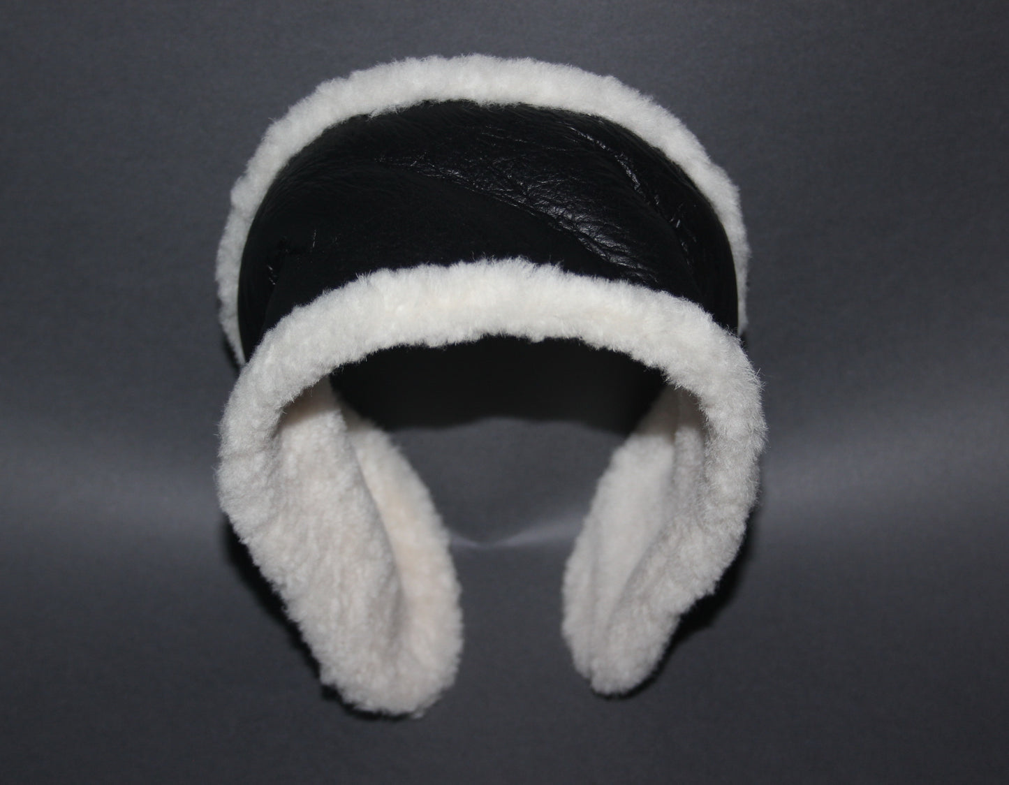 Real fur earmuff Black & Ivory lambskin leather headband Skiing headphones Running ear warmers for women