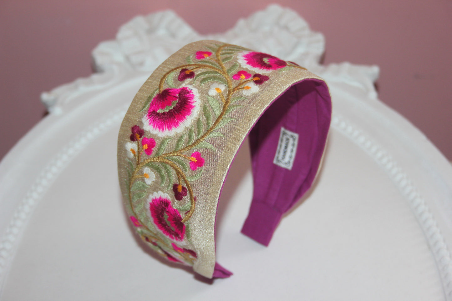 Embroidered headband 2.75"inches Pink & Green Exquisite handmade head accessory