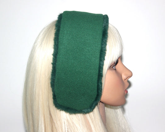 Green Wool ear warmer Faux fur earmuff for women Boho winter headwrap