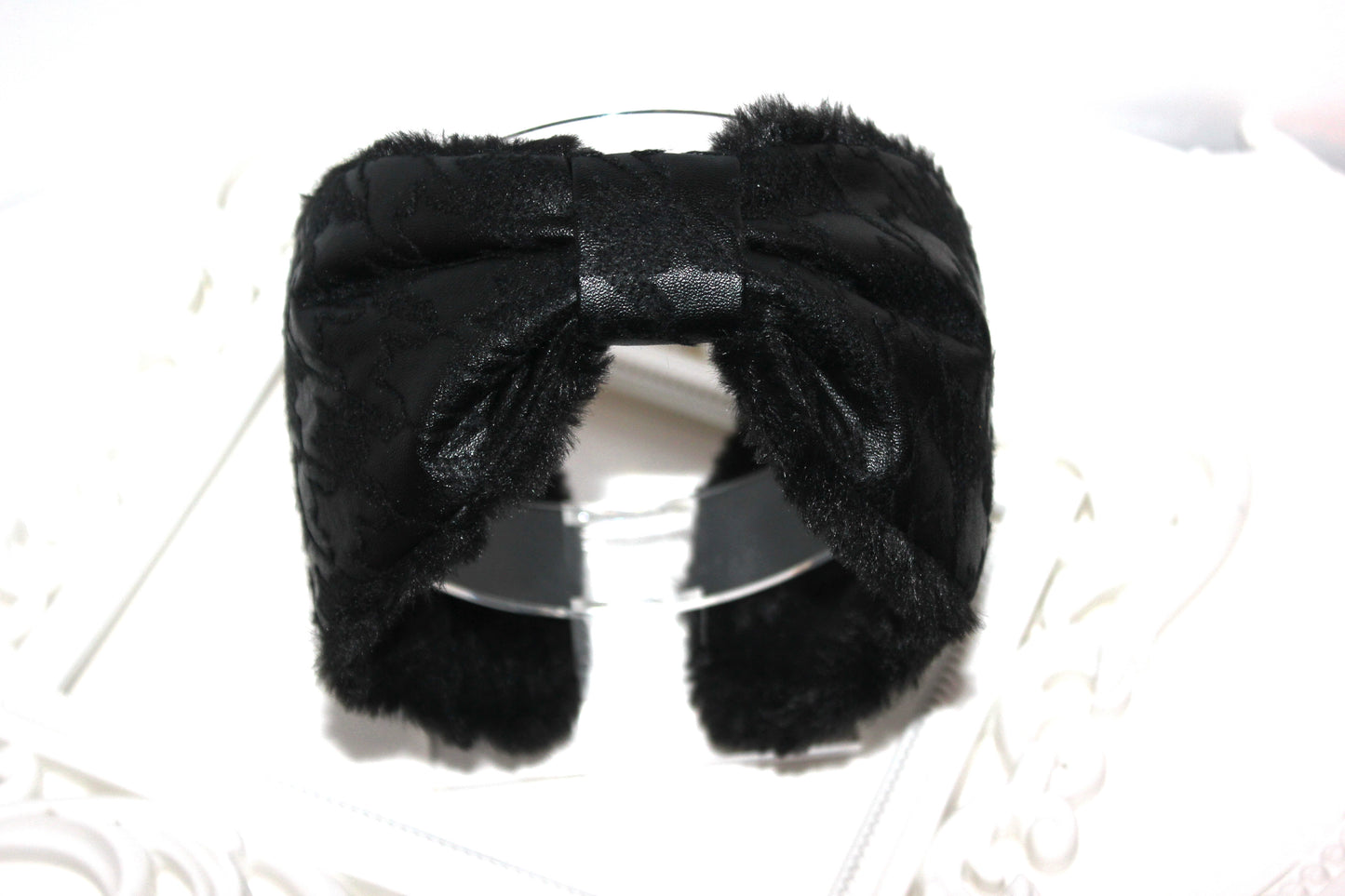 Leather earmuffs Black ear warmer headband houndstooth embroider skiing earmuffs