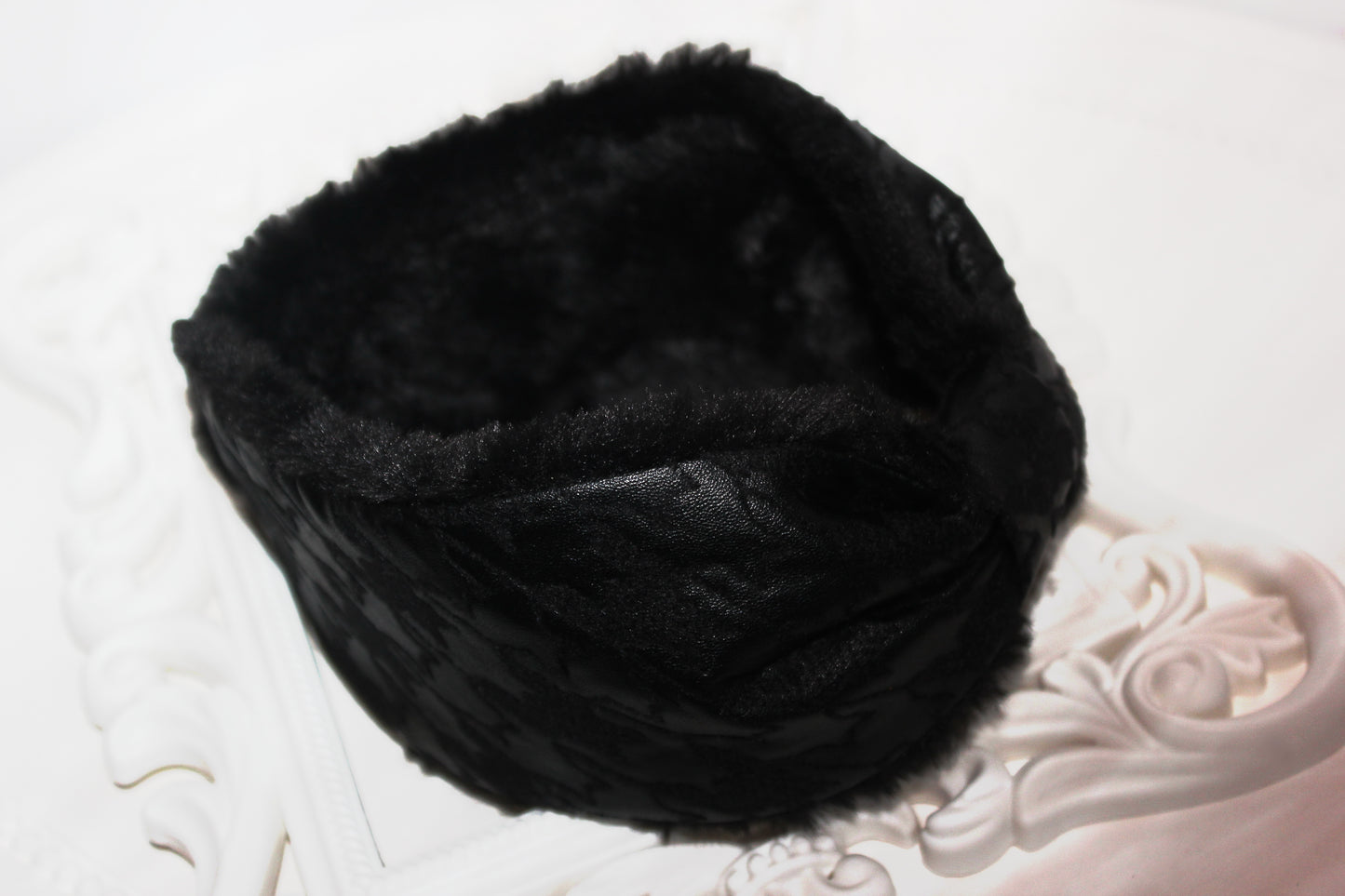 Leather earmuffs Black ear warmer headband houndstooth embroider skiing earmuffs