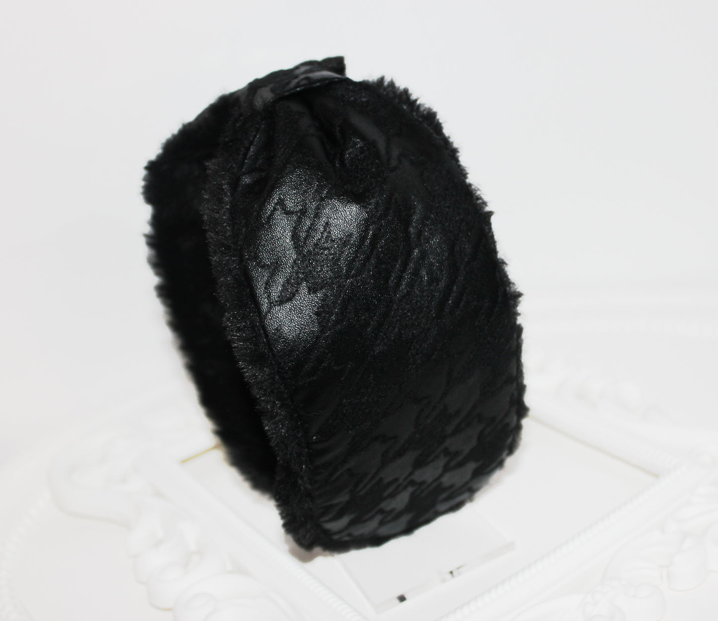 Leather earmuffs Black ear warmer headband houndstooth embroider skiing earmuffs