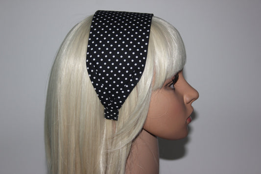 Wide fabric headband polka dot black and white adult cotton headband