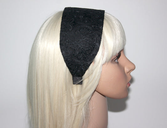 Black Embroidered hairband for women Wide viscose blend silk head cover