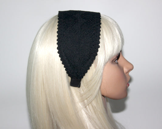 Black knit headband for women 3.15" inch cotton ribbon hair band Wide retro head cover