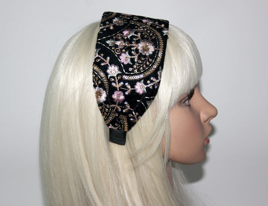 Embroidered boho headband Black/Gold/Pink Exquisite velvet hairband scarf