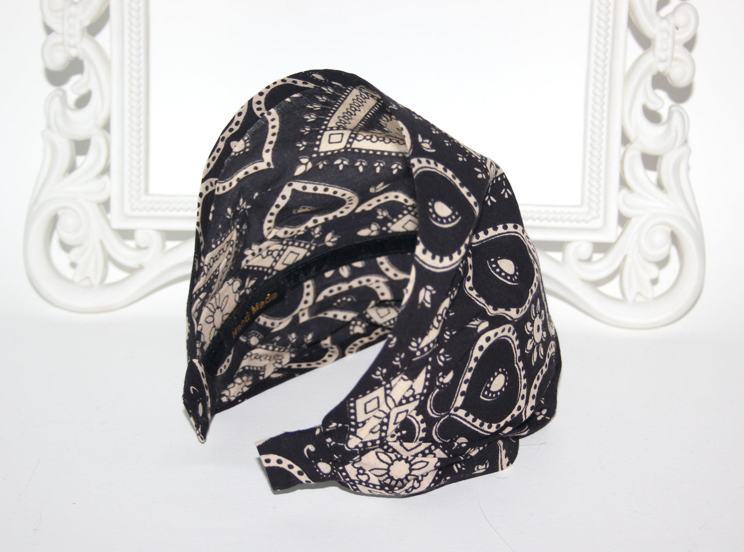 Black&Beige bandana headband Cotton print hair scarf extra wide head cover