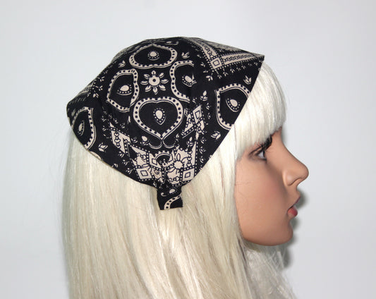 Black&Beige bandana headband Cotton print hair scarf extra wide head cover