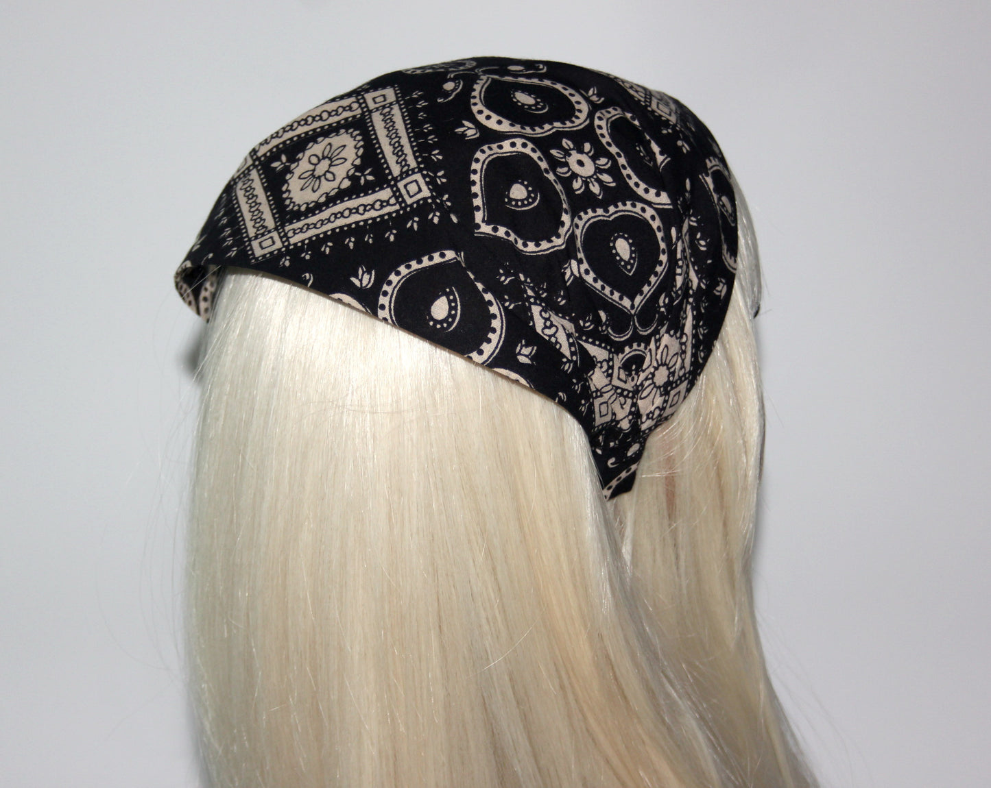 Black&Beige bandana headband Cotton print hair scarf extra wide head cover