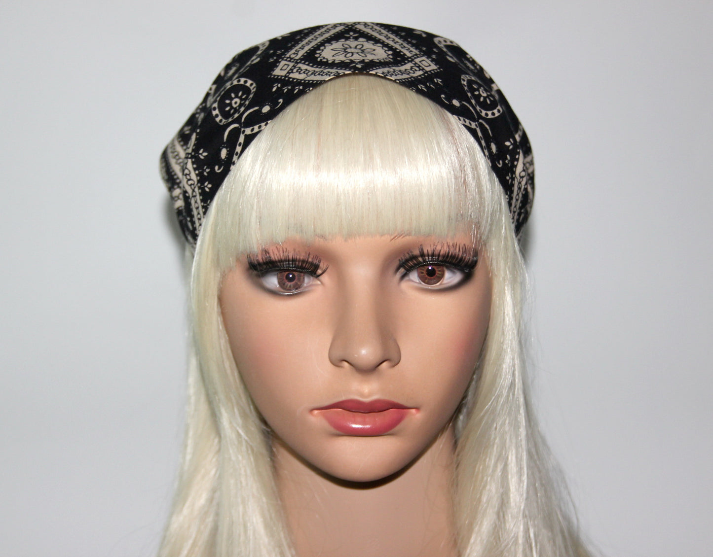 Bandana headband Black & Beige structured cotton kerchief Triangle hair band