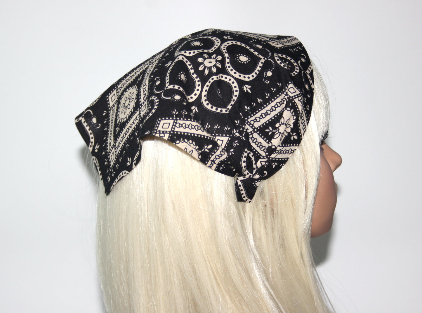 Bandana headband Black & Beige structured cotton kerchief Triangle hair band