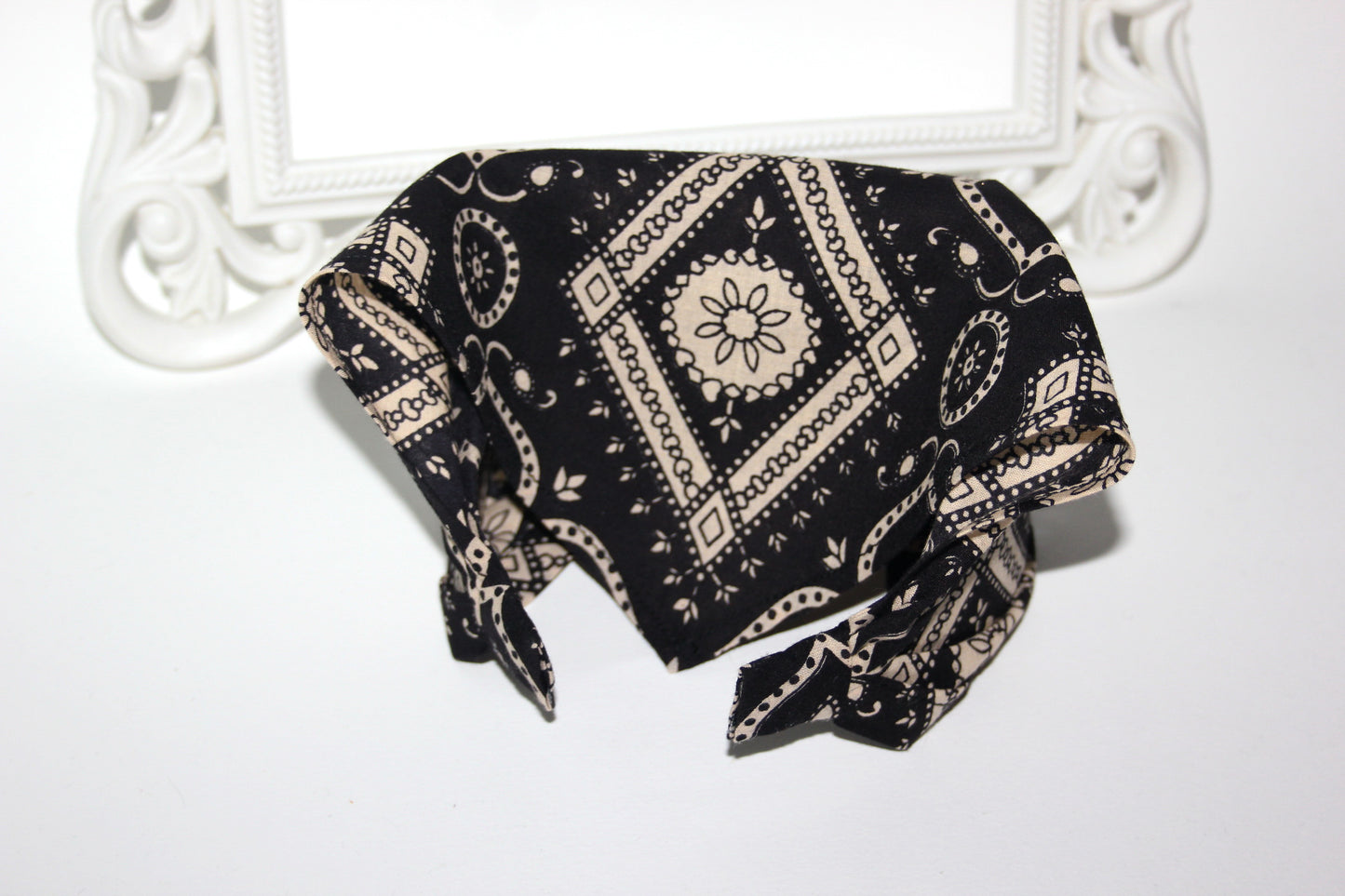 Bandana headband Black & Beige structured cotton kerchief Triangle hair band