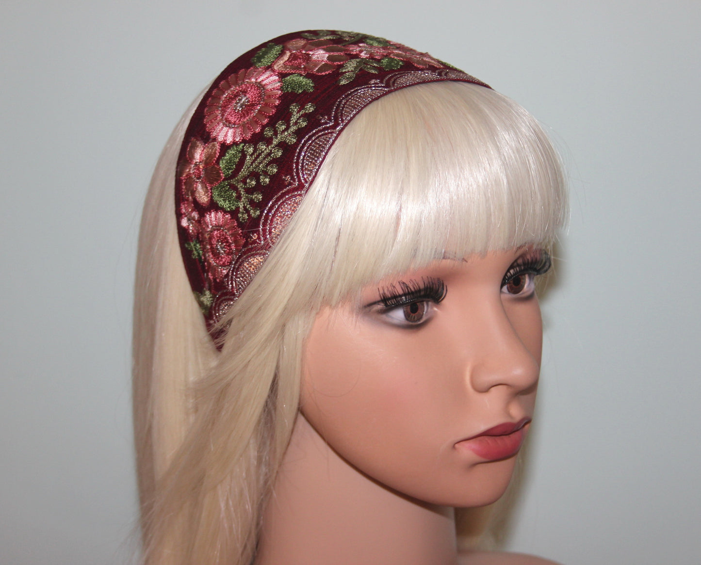 Embroidered headband 3.15'' inch Dark Red scarf hairband Boho hair accessory