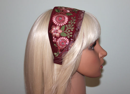 Embroidered headband 3.15'' inch Dark Red scarf hairband Boho hair accessory