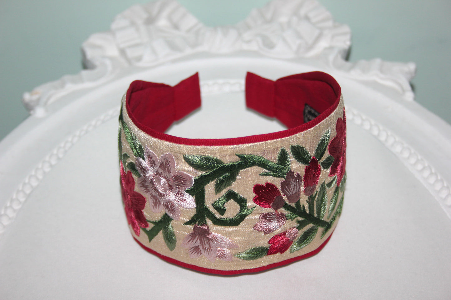 Embroidered wide hradband 3.15'' inch Blush & Claret Red flower hairband for women