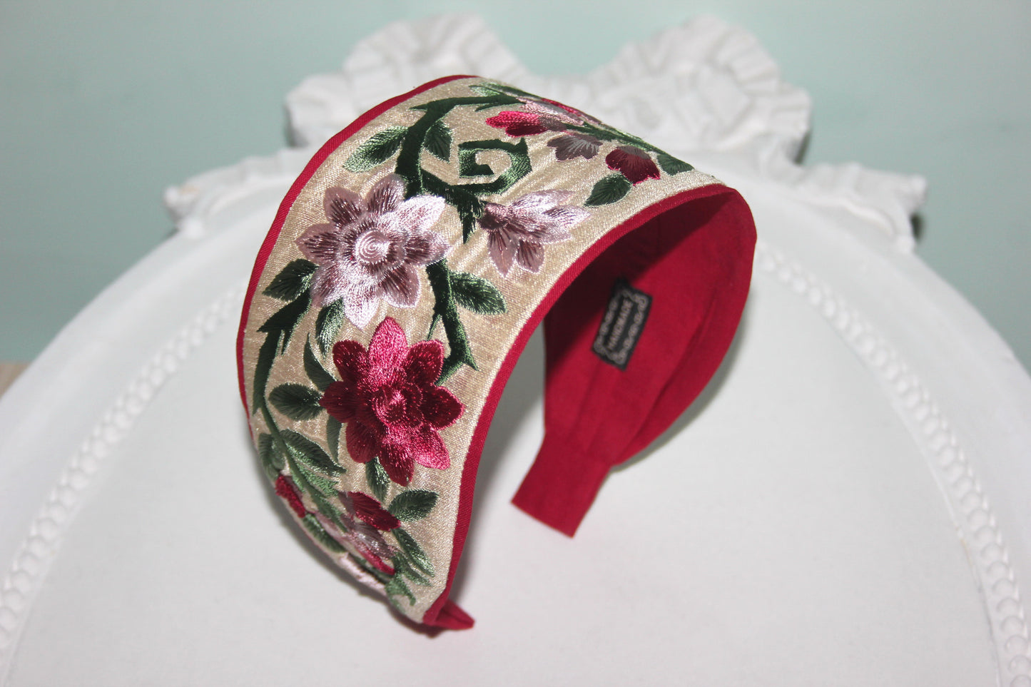 Embroidered wide hradband 3.15'' inch Blush & Claret Red flower hairband for women