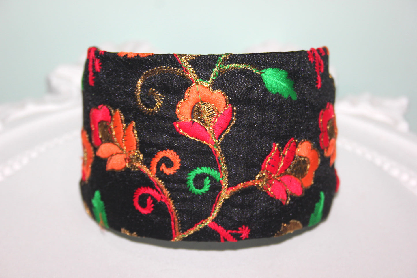 Embroidered headband for women Black & Orange poly silk hairband