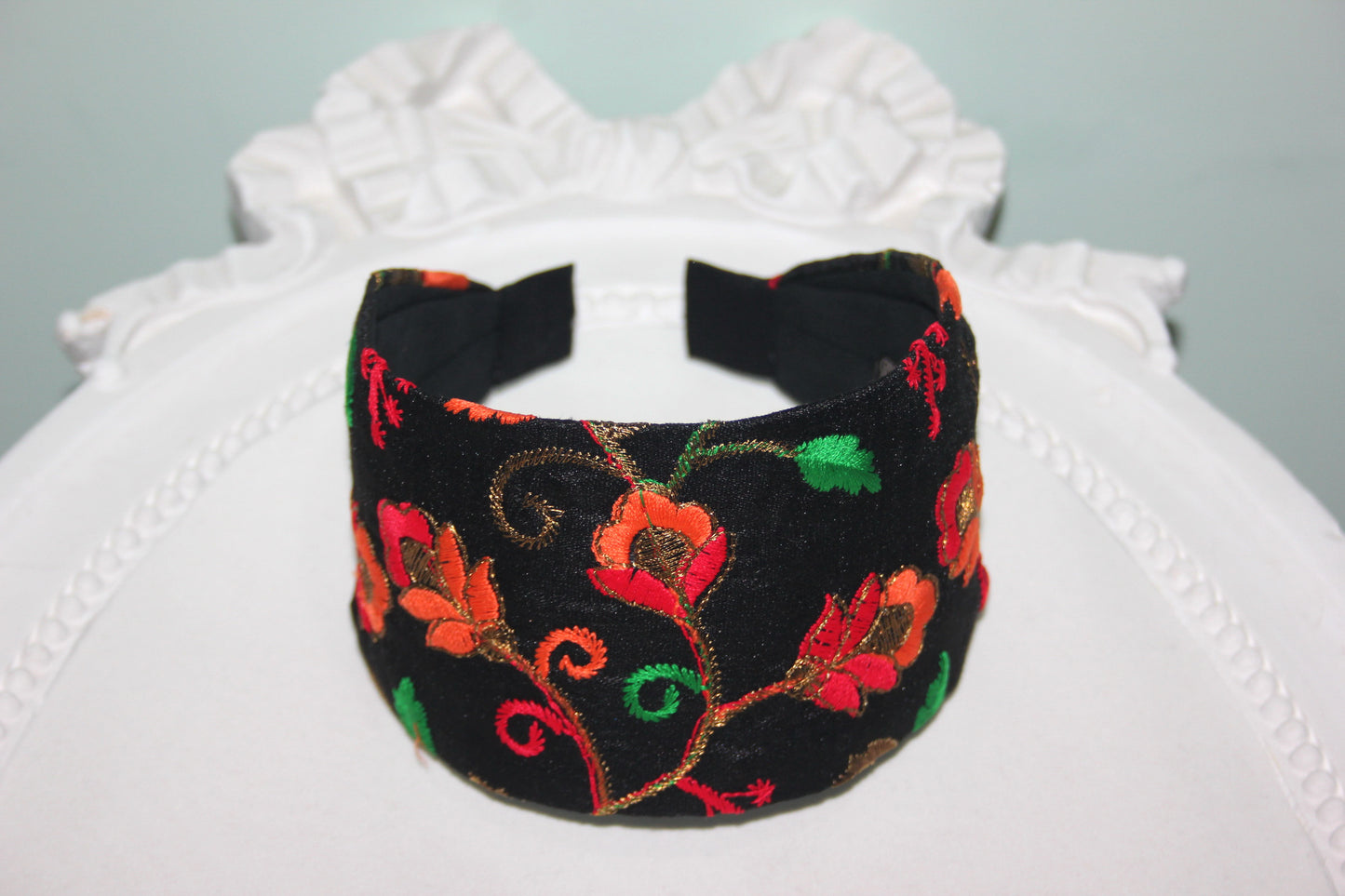 Embroidered headband for women Black & Orange poly silk hairband