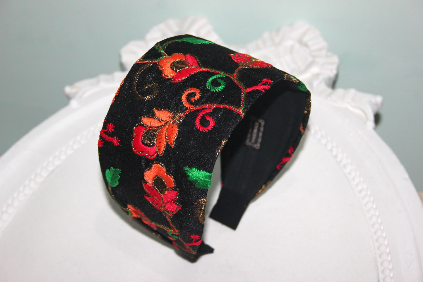 Embroidered headband for women Black & Orange poly silk hairband