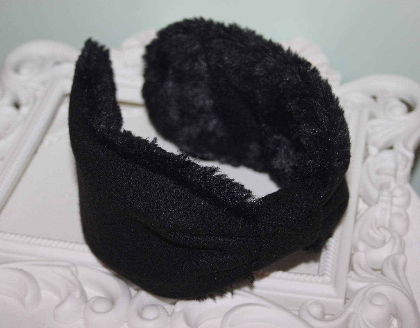 Black wool blend earmuff for women Faux fur ear warmer Comfy headband turban