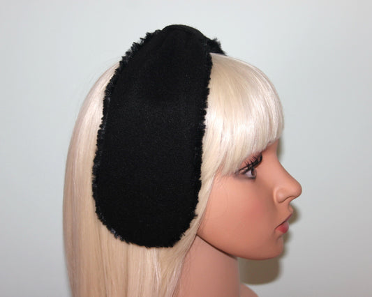 Black wool blend earmuff for women Faux fur ear warmer Comfy headband turban