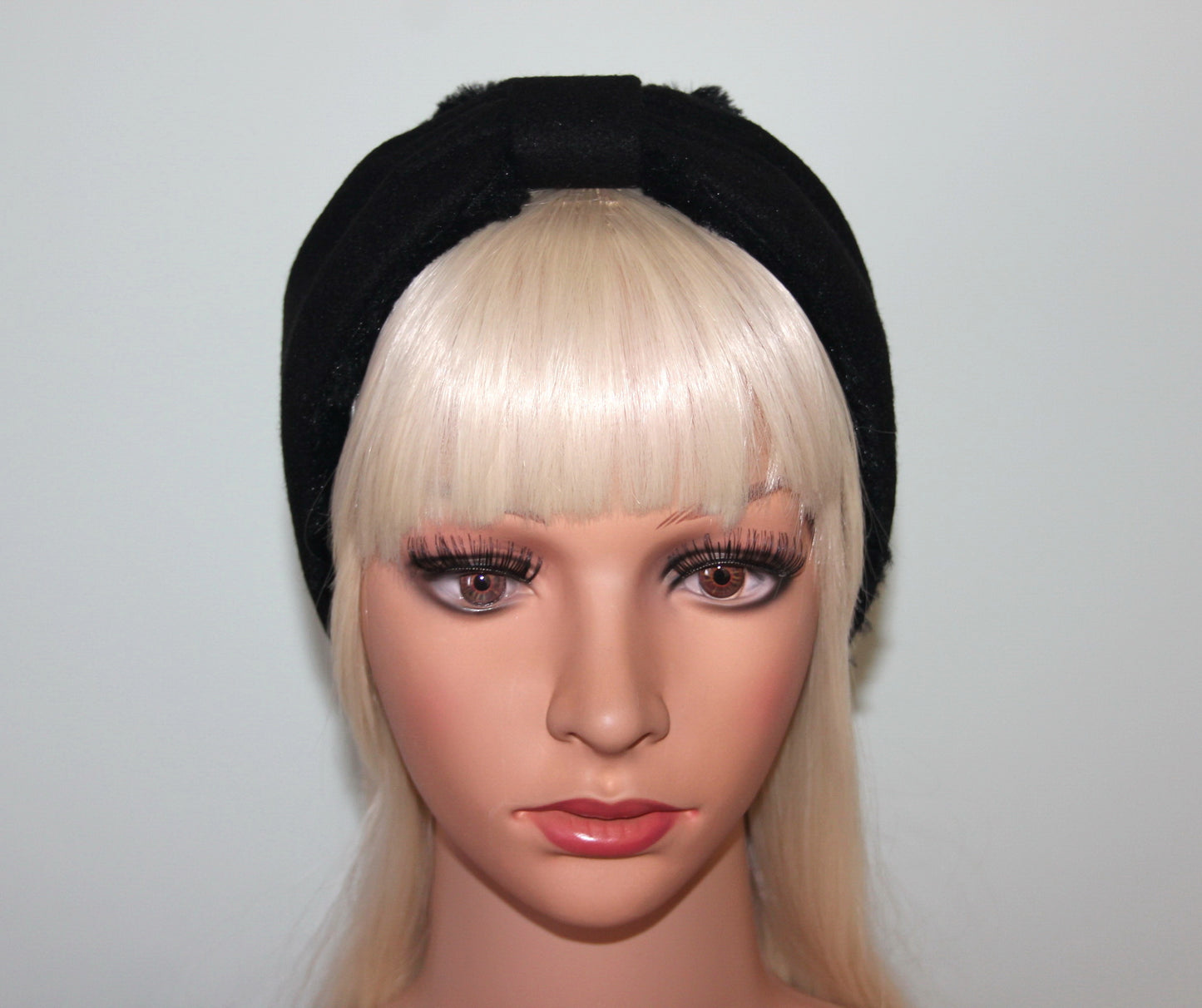Black wool blend earmuff for women Faux fur ear warmer Comfy headband turban