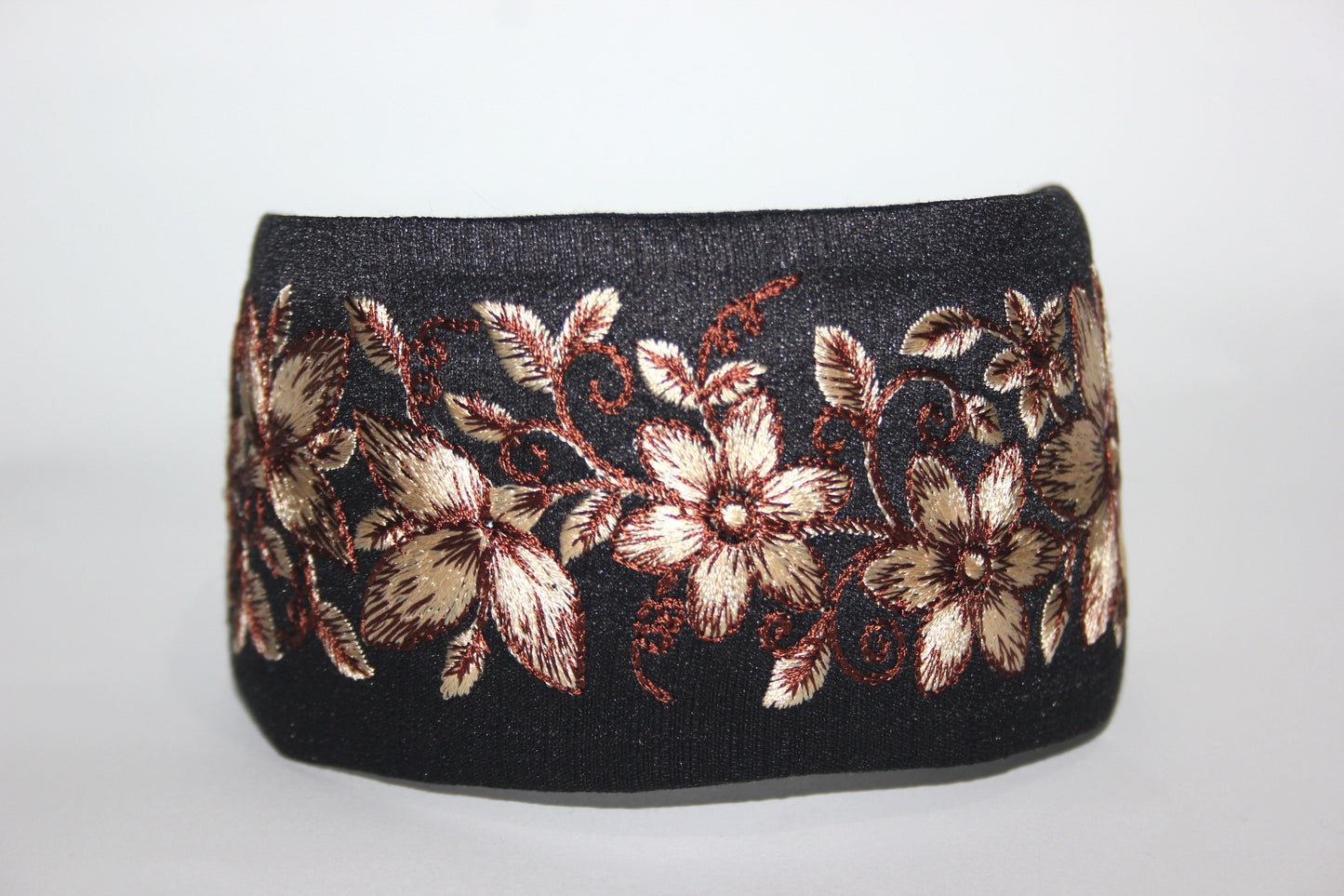Boho embroidered headband 2.75" inch Black & Brown events wide head cover