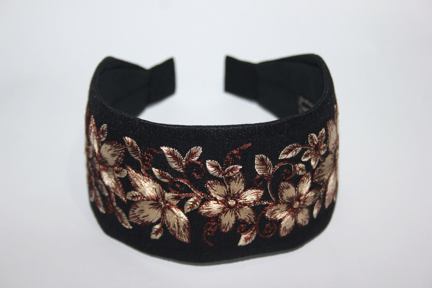 Boho embroidered headband 2.75" inch Black & Brown events wide head cover