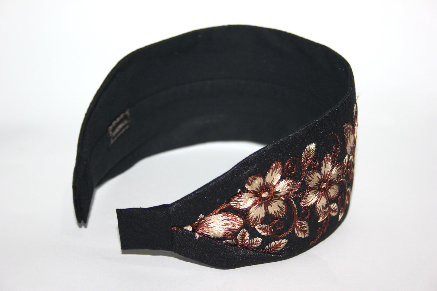 Boho embroidered headband 2.75" inch Black & Brown events wide head cover