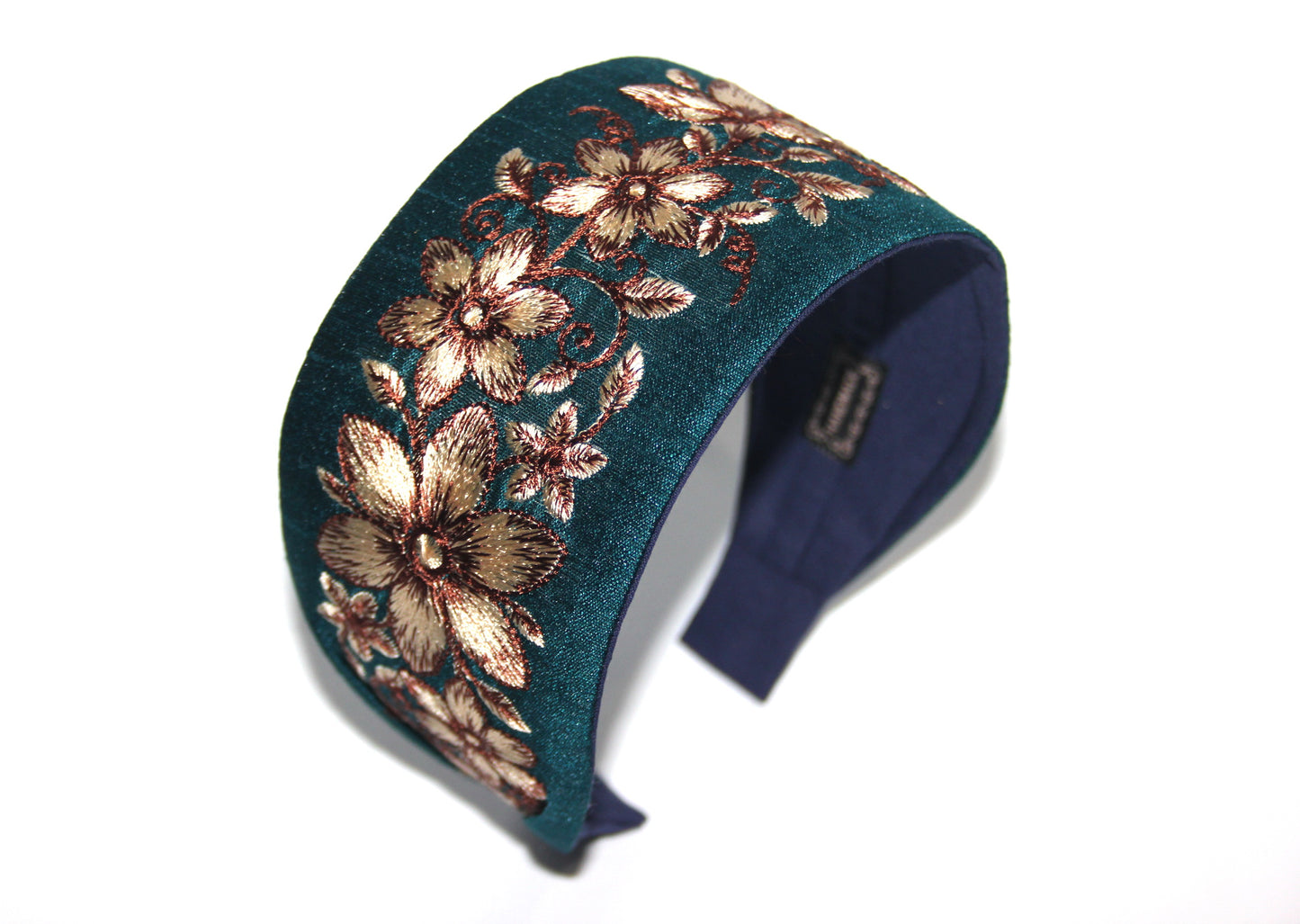 Boho embroidered headband 2.75" inch Blue & Brown events wide head cover