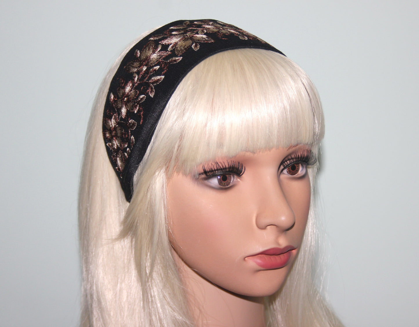 Boho embroidered headband 2.75" inch Black & Brown events wide head cover