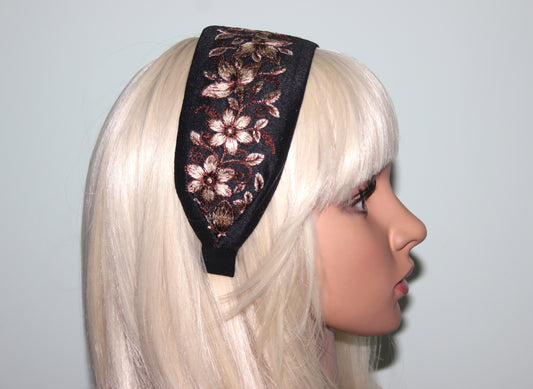 Boho embroidered headband 2.75" inch Black & Brown events wide head cover