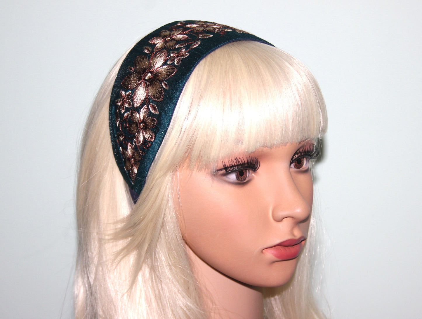 Boho embroidered headband 2.75" inch Blue & Brown events wide head cover