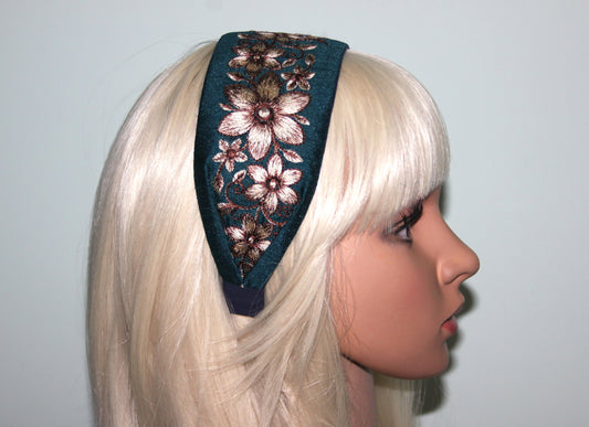 Boho embroidered headband 2.75" inch Blue & Brown events wide head cover