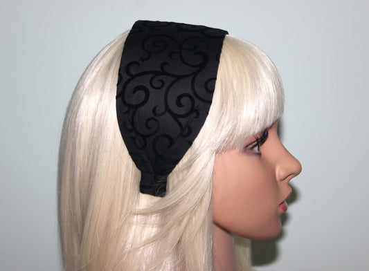 Black headband Flocked swirl cotton hairband wide headband scarf for women