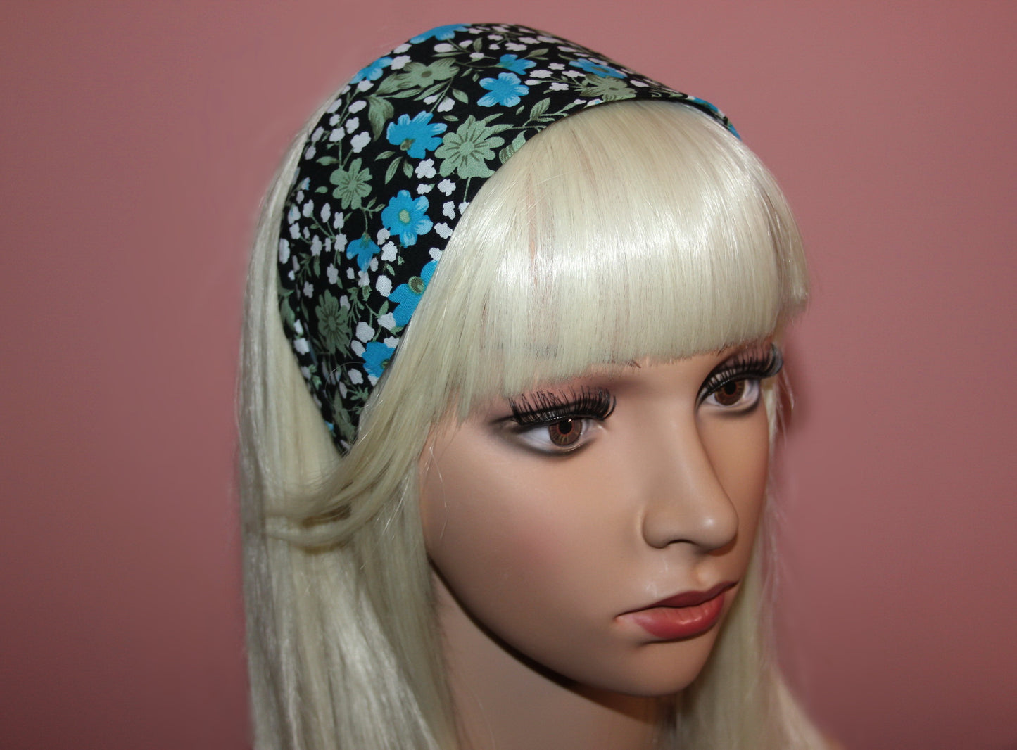 Wide fabric headband black and blue boho head scarf women hair accessory structured cotton hair band