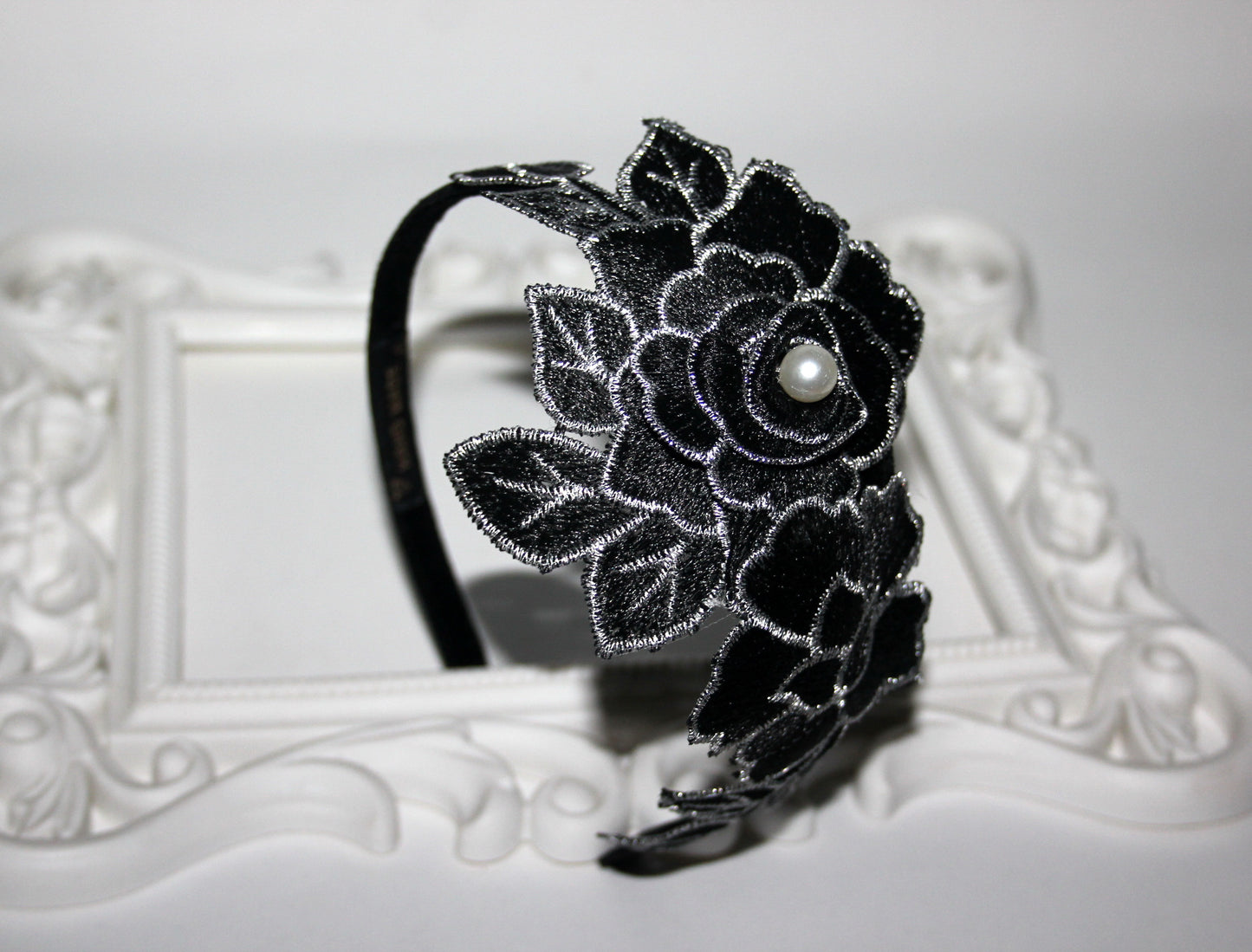 Black & Silver side flower fascinator Wedding women headband Bridal tiara
