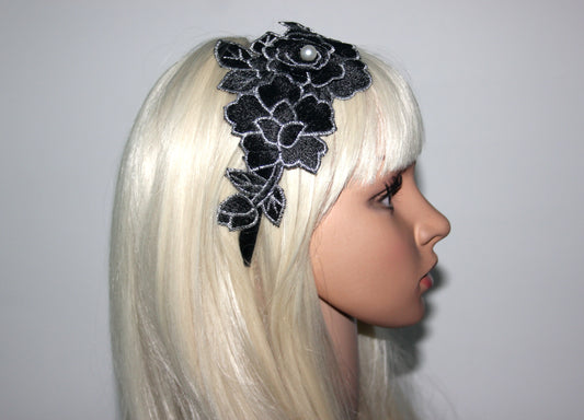 Black & Silver side flower fascinator Wedding women headband Bridal tiara