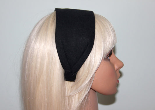 Linen flat headband for women Black plain hairband bandana