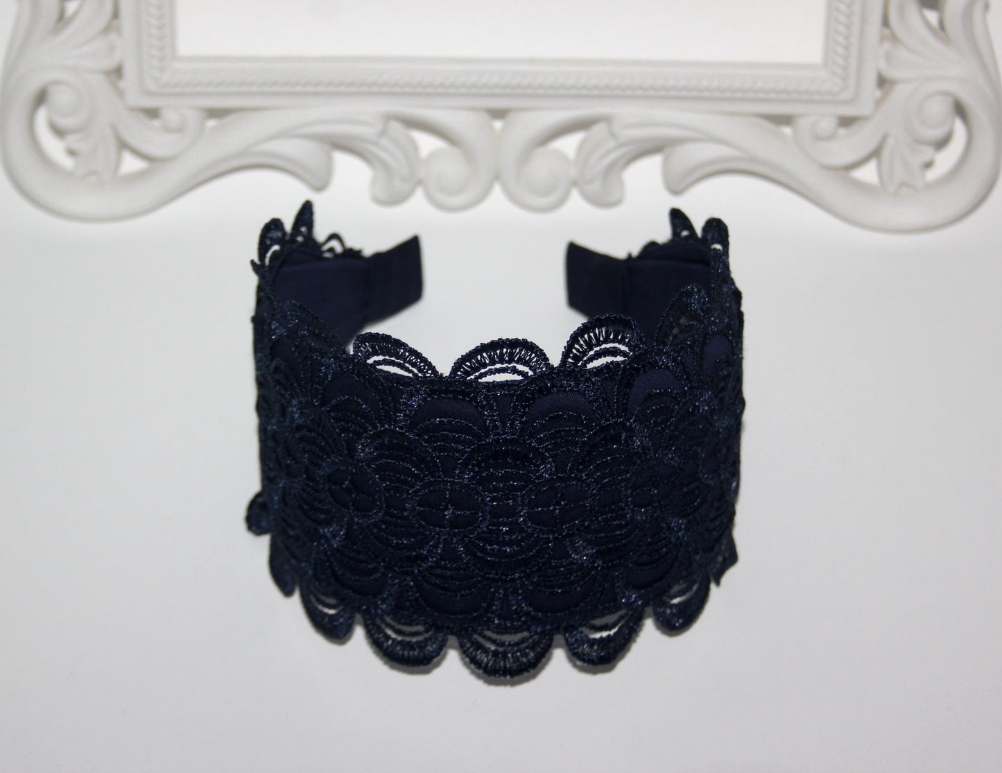 Embroidered 3.5" inches headband Dark Blue hairband scarf Bohemian headpiece for women luxury wide head cover