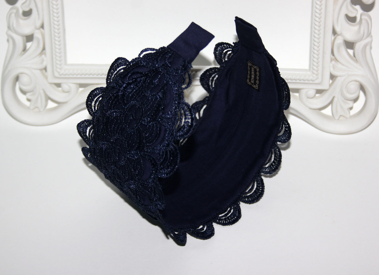 Embroidered 3.5" inches headband Dark Blue hairband scarf Bohemian headpiece for women luxury wide head cover