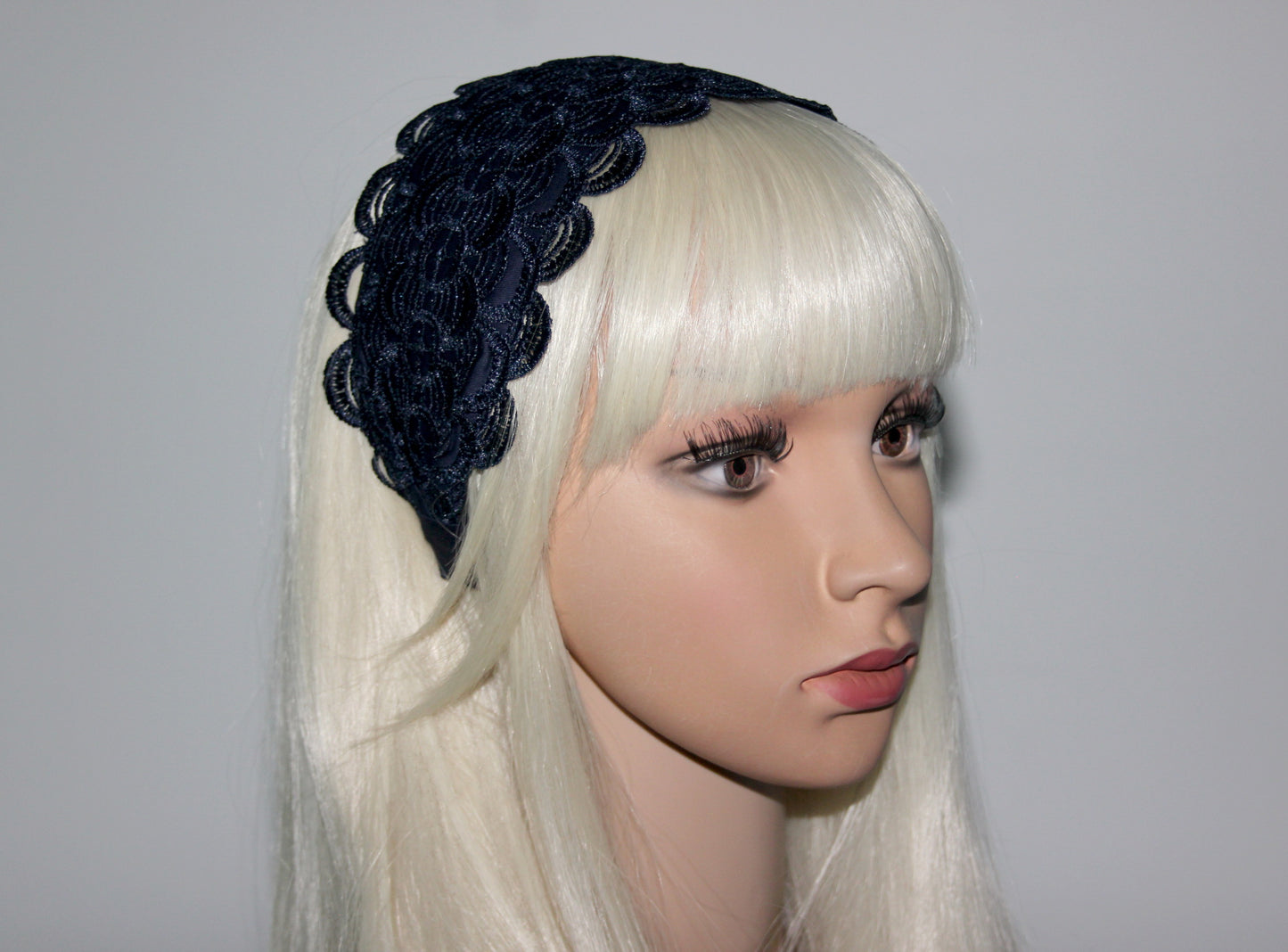 Embroidered 3.5" inches headband Dark Blue hairband scarf Bohemian headpiece for women luxury wide head cover