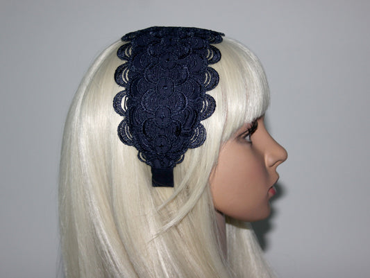 Embroidered 3.5" inches headband Dark Blue hairband scarf Bohemian headpiece for women luxury wide head cover