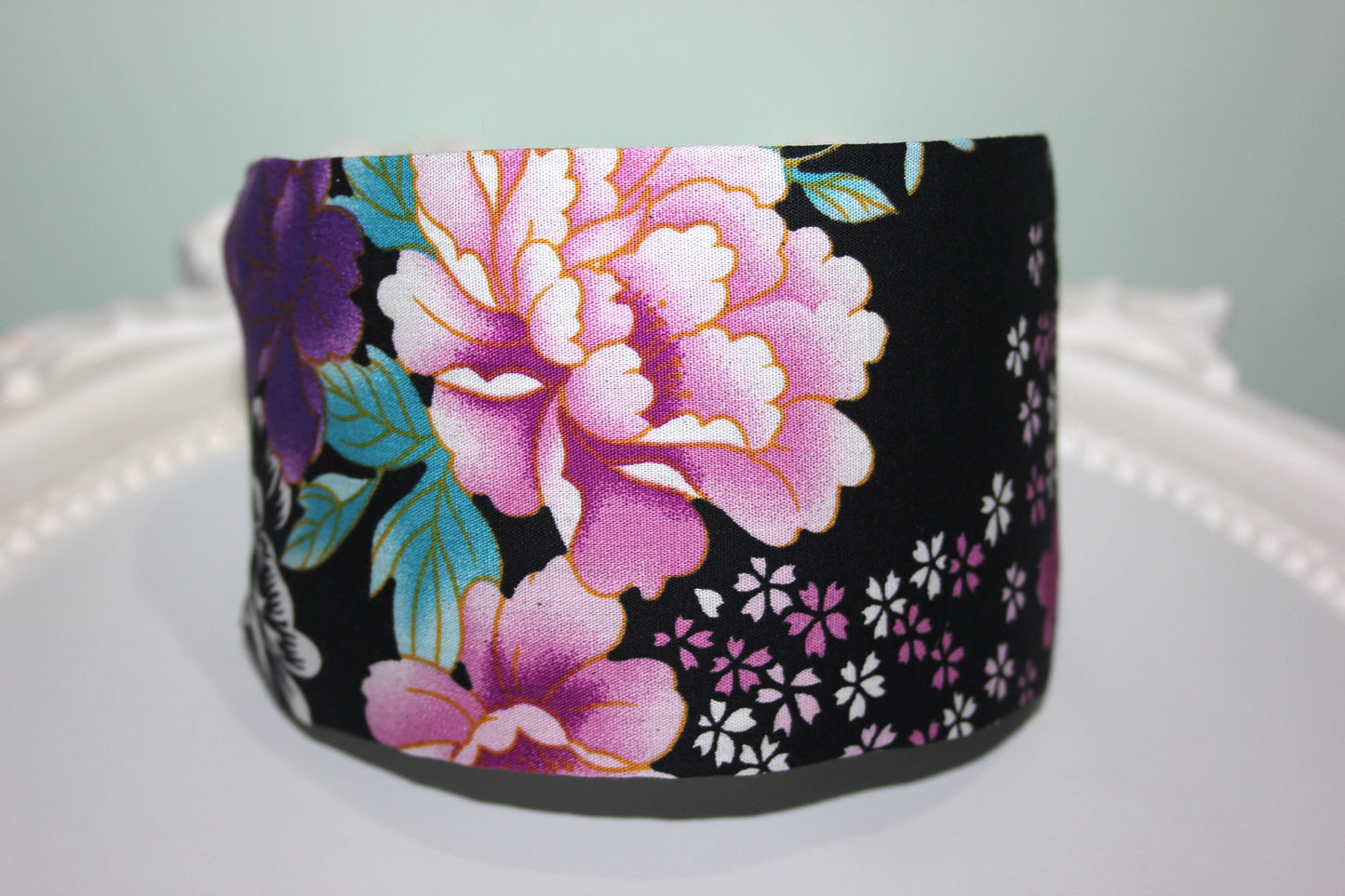 Japanese headband for women Black flower print cotton head scarf