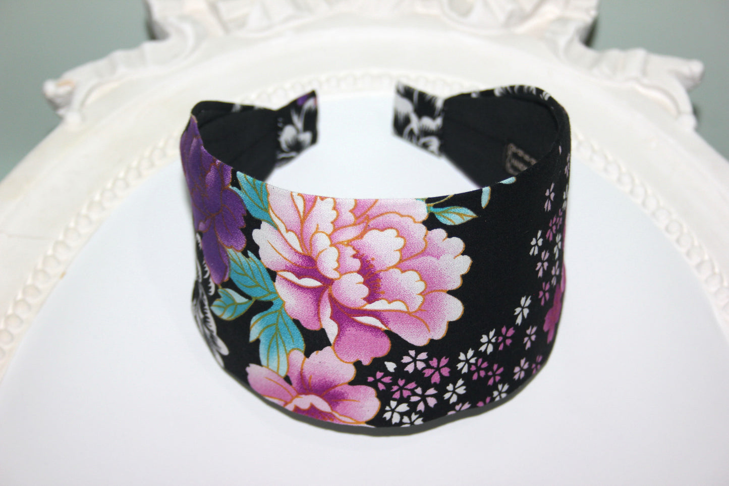 Japanese headband for women Black flower print cotton head scarf