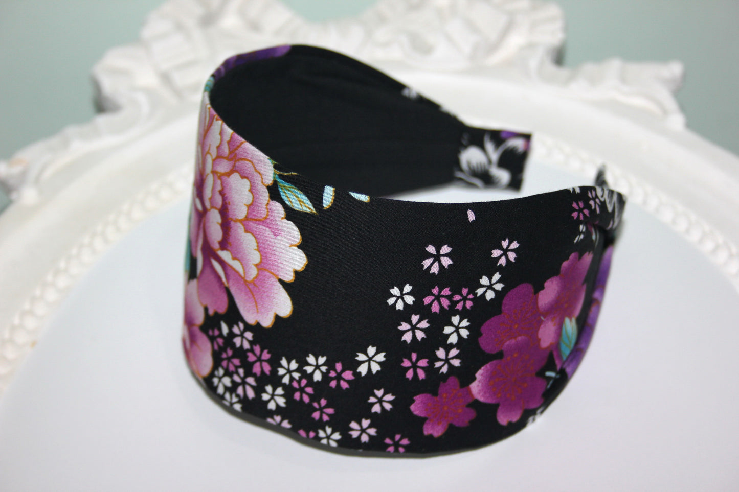 Japanese headband for women Black flower print cotton head scarf